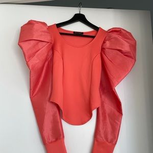 Bold Vibrant Coral Puff Sleeve Blouse